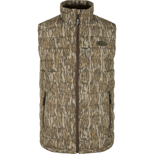 LST Double Down Layering Vest, featuring synthetic down insulation, microfleece-lined collar, elastic cuffs, zippered pockets, and adjustable drawcord waist for enhanced comfort and mobility.