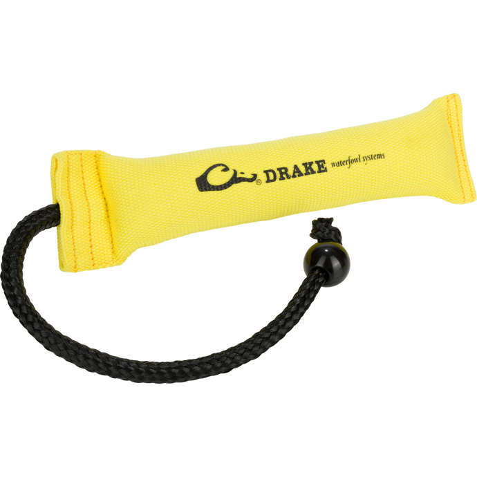 Yellow Medium Firehose Bumper with molded ball and cork filling for durability and easy throwing. Perfect for visual and scent training.