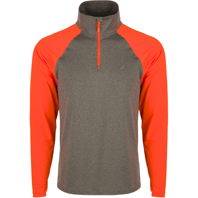 A versatile and comfortable McAlister EST 1/4 Zip Performance Upland Shirt, ideal for layering or wearing alone. Features 4-way stretch, moisture-wicking fabric, and antimicrobial treatment. Raglan sleeves and integrated thumb loops for increased range of motion. Hi-Vis Blaze Orange shoulders and arms.