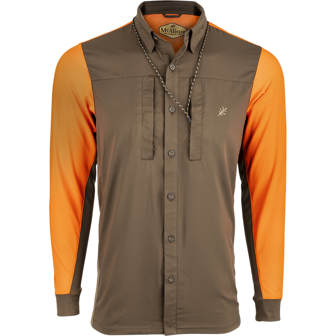 McAlister EST Performance Hybrid Upland Shirt: A long-sleeved shirt with a woven front for a clean look. Features include 4-way stretch knit back, mesh sides, and underarms. Magnattach left chest pocket and zippered right chest pocket.