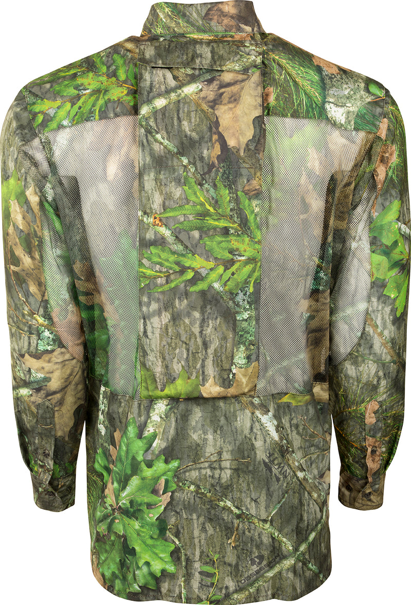 Vestless Mesh Back Shirt with Spine Pad featuring camouflage design, butterfly detail, and breathable mesh panels for hunting gear storage and comfort.