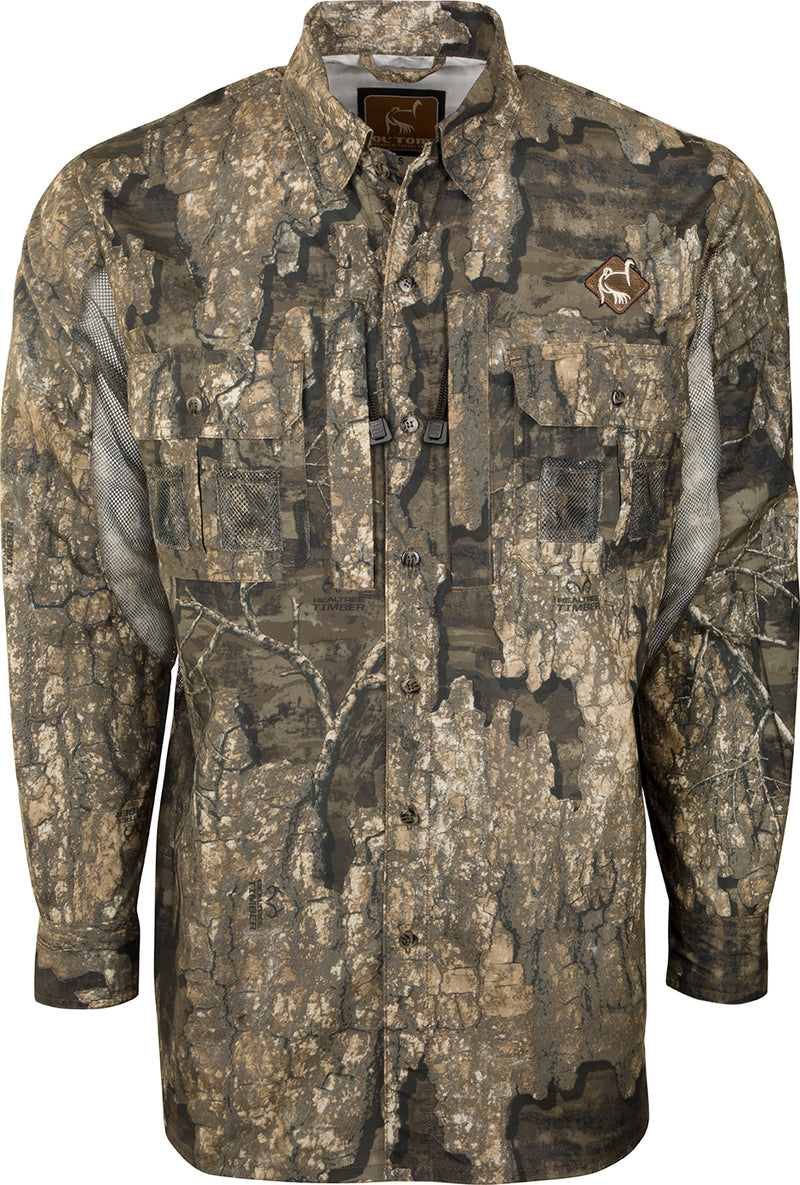 Vestless Mesh Back Shirt with Spine Pad featuring a camouflage pattern, long sleeves, and multiple pockets for hunting calls and gear.