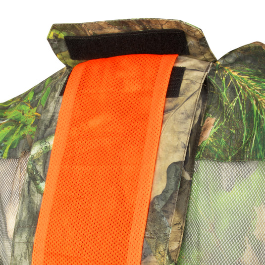 Close-up of the Drake Waterfowl Vestless Mesh Back Shirt with Spine Pad, showcasing its breathable camouflage fabric and mesh panels for optimal hunting comfort.