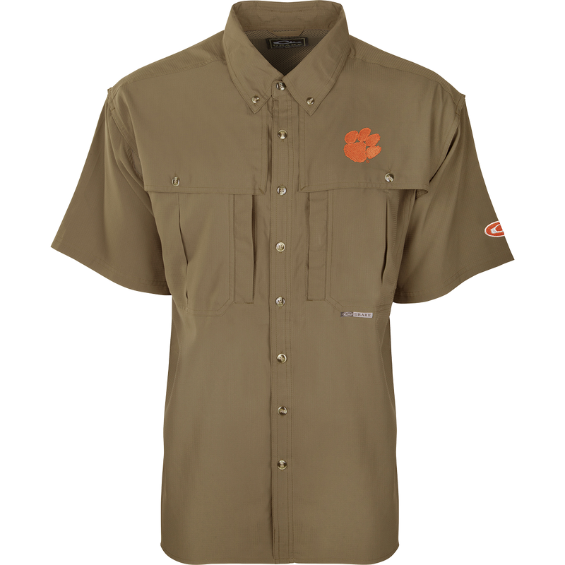 Clemson S/S Flyweight Wingshooter shirt with orange logo, tiger paw patch, vented back, and multiple pockets for outdoor activities.