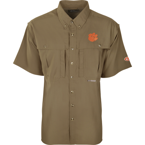 Clemson S/S Flyweight Wingshooter shirt with orange logo, tiger paw patch, vented back, and multiple pockets for outdoor activities.