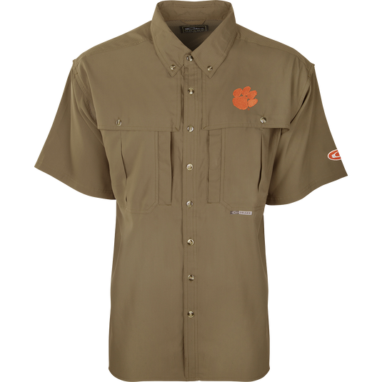 Clemson S/S Flyweight Wingshooter shirt with orange logo, tiger paw patch, vented back, and multiple pockets for outdoor activities.