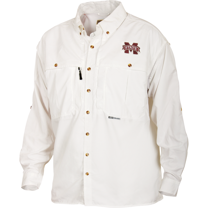 Mississippi State Cotton Wingshooter's Shirt Long Sleeve features a white button-up design with a logo, front and back ventilation, and multiple chest pockets.