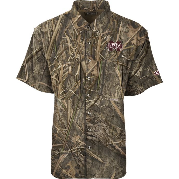 Miss State S/S Flyweight Wingshooter shirt featuring a logo, with vented back design, quick-drying 100% polyester fabric, and multiple functional chest pockets.