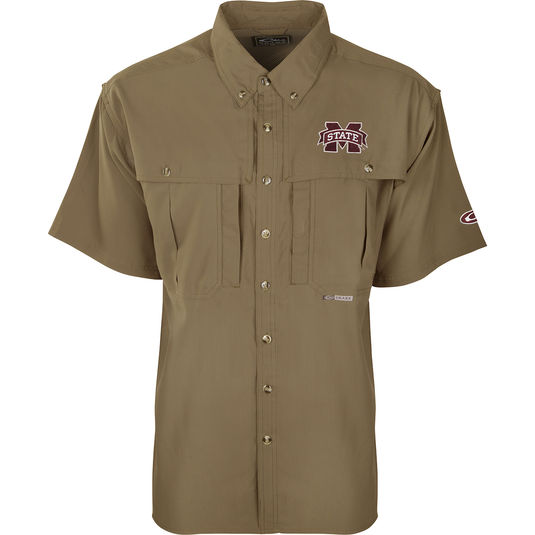 Miss State S/S Flyweight Wingshooter shirt with a logo, featuring quick-drying, moisture-wicking Flyweight polyester, vented back, and multiple functional pockets.