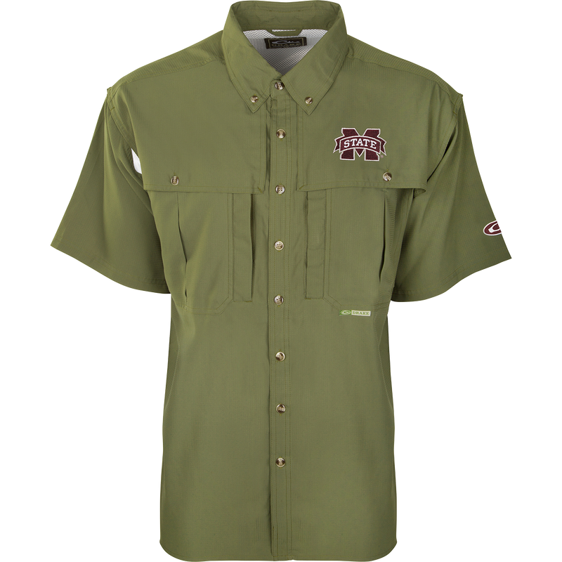 Miss State S/S Flyweight Wingshooter: Green shirt with M logo, vented back, quick-drying, UPF 50+ sun protection, chest pockets, and mesh side panels.