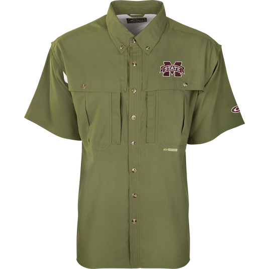 Miss State S/S Flyweight Wingshooter: Green shirt with M logo, vented back, quick-drying, UPF 50+ sun protection, chest pockets, and mesh side panels.