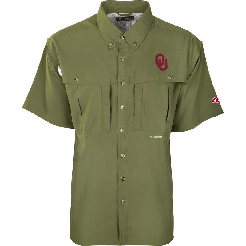 Oklahoma S/S Flyweight Wingshooter shirt with vented back, Magnattach™ vertical chest pocket, and vertical zipper pocket, designed for warm-weather outdoor activities.