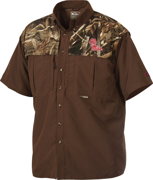 Ole Miss Camo Wingshooter's Shirt S/S with camouflage design, vented areas, oversized chest pockets, and front and back ventilation for cool, quick-drying comfort.