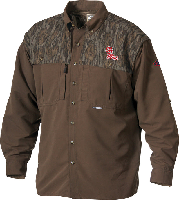 Ole Miss Camo Wingshooter's Shirt Long Sleeve with front and back ventilation, oversized chest pockets, and a vertical Magnattach™ pocket on the left chest.