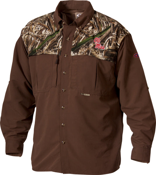 Ole Miss Camo Wingshooter's Shirt Long Sleeve with camouflage design, featuring front and back ventilation, oversized chest pockets, and a seven-button design for breathability and functionality.