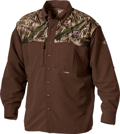 South Carolina Camo Wingshooter's Shirt L/S with front and back ventilation, oversized chest pockets, and vertical zippered and Magnattach pockets, designed for breathability and quick-drying.