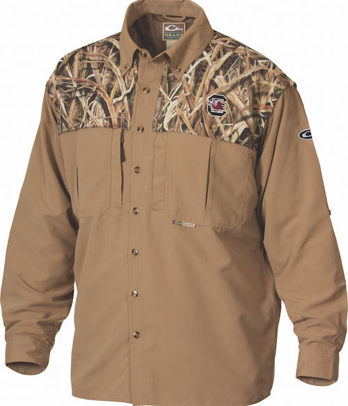 South Carolina Camo Wingshooter's Shirt L/S, featuring a camouflage design, long sleeves, front and back ventilation, oversized chest pockets, and a seven-button front.